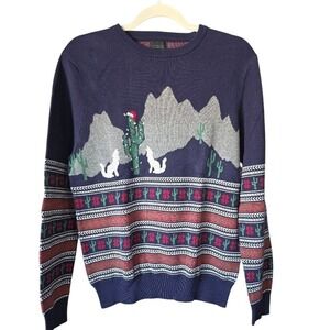 14th & Union Navy Wolf and Cactus Holiday Sweater Medium Cotton and Acrylic.